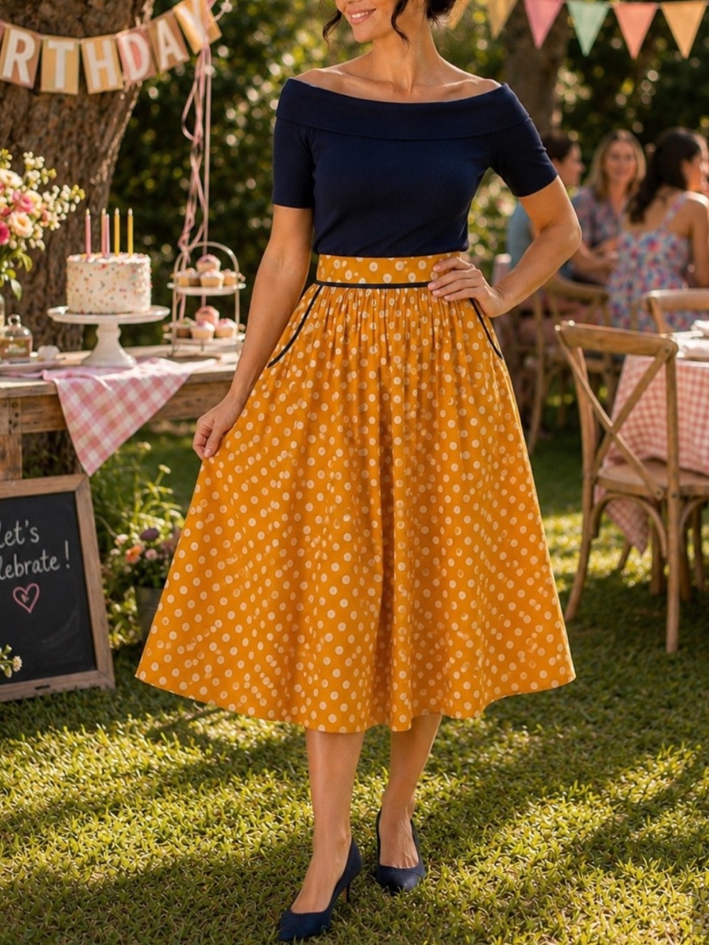 Tulip B Vintage Inspired Black With Tan Polka Dots Midi Skirt. Size L